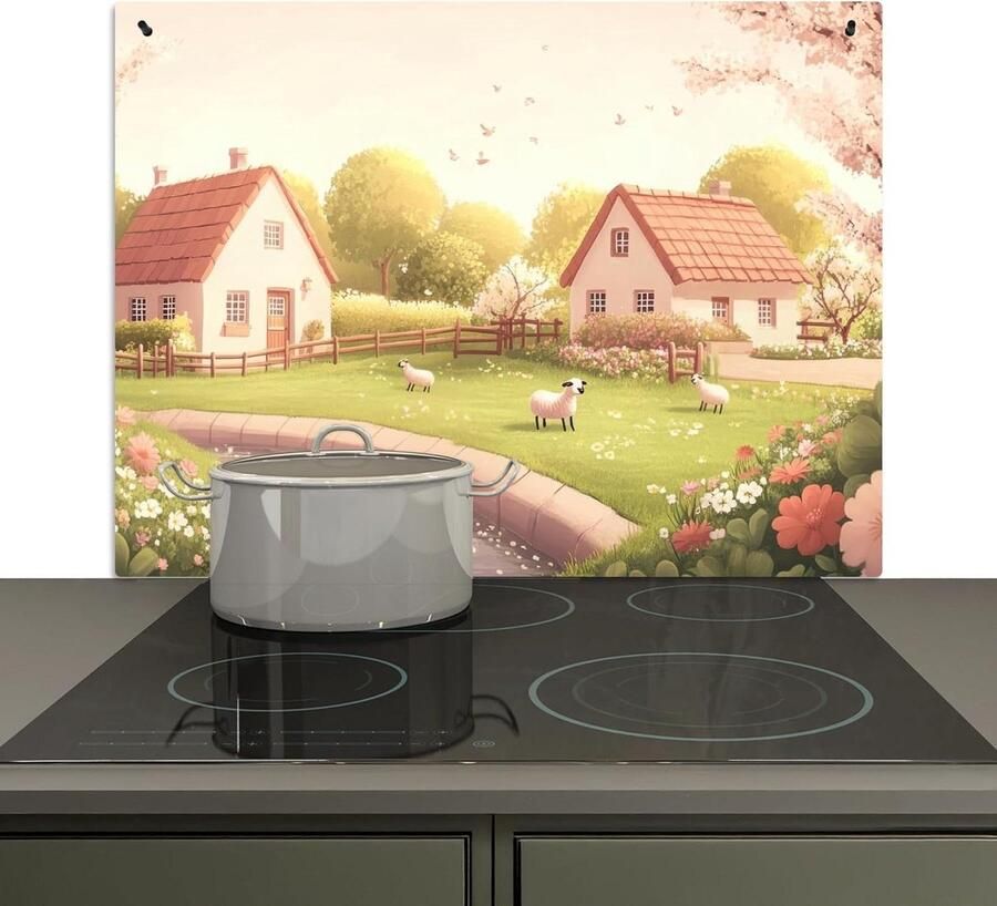 Spatbeschermer Keuken Kookplaat Achterwand Keukenwand Beschermen 2-in-1 Functie 52x80 cm Schapen Huisje