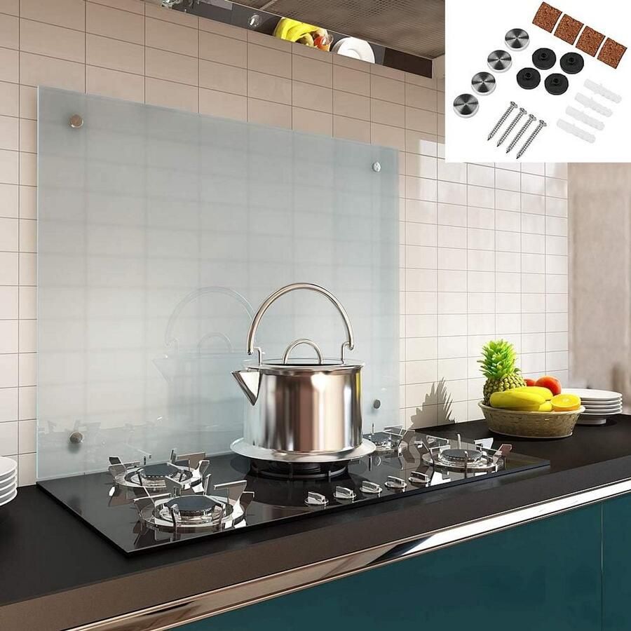 Spatbescherming Keukenachterwand van 6 mm ESG-veiligheidsglas Hittebestendig Glasplaat voor Fornuis en Tegels Incl. Bevestigingsset en Schroeven 80 cm