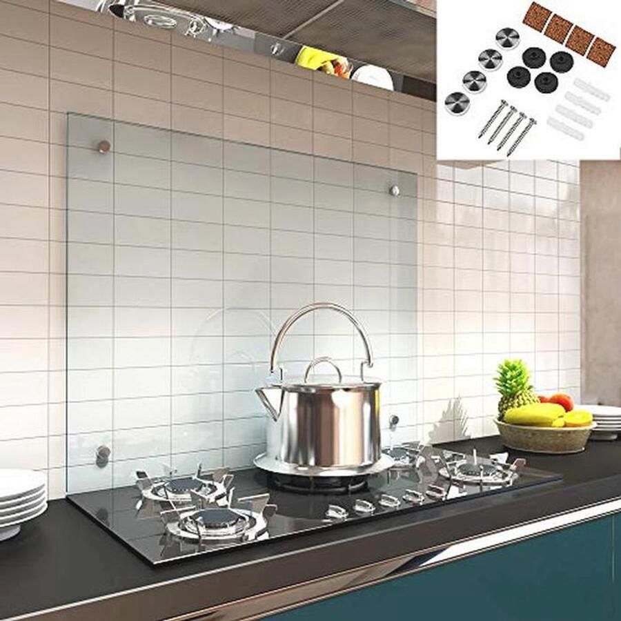 Spatbescherming Keukenachterwand van 6 mm ESG-veiligheidsglas Hittebestendige Glasplaat voor Fornuis en Tegels Eenvoudige Montage Incl. Bevestigingsset 70 x 50 cm Helder