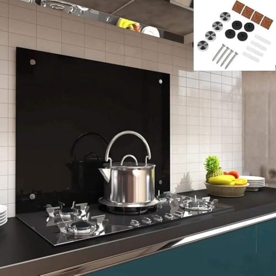 Spatbescherming Keukenachterwand van 6 mm ESG-veiligheidsglas Hittebestendige Glasplaat voor Fornuis en Tegels 70 x 50 cm Zwart