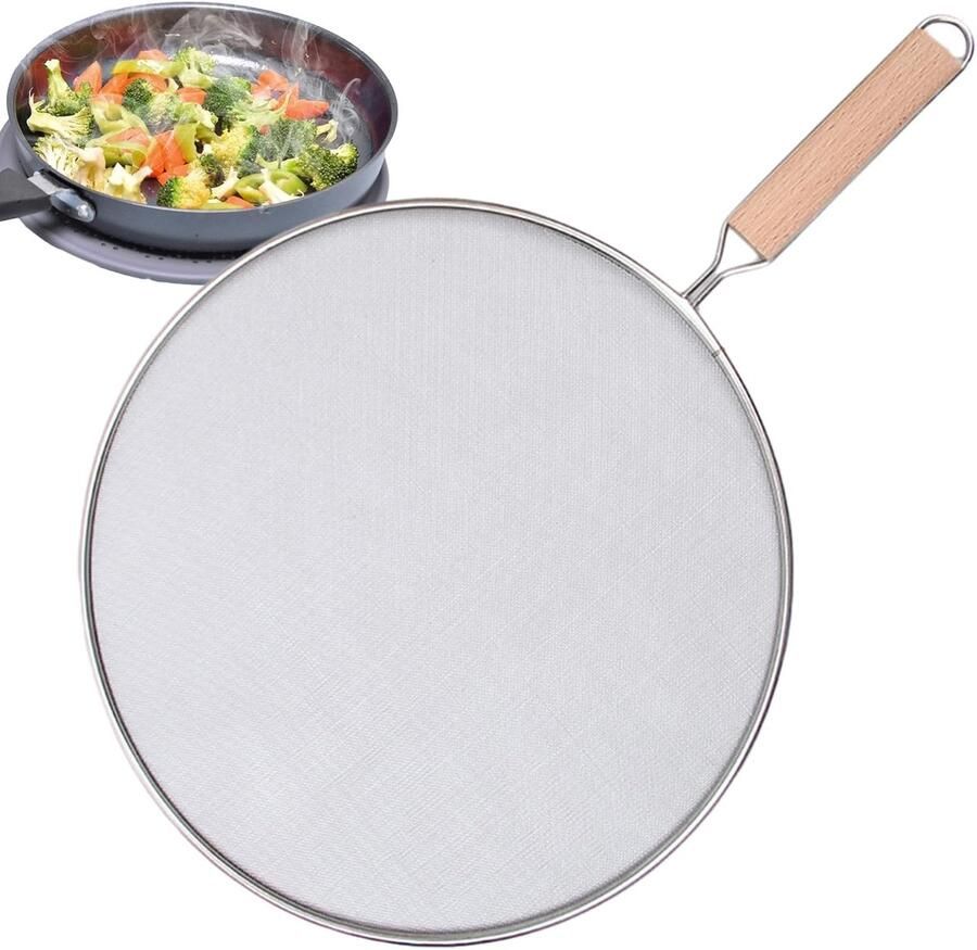 Spatbescherming Pan Vetvanger Zeef Veilig Koken Fijnmazig Net Maten Zilver Hout