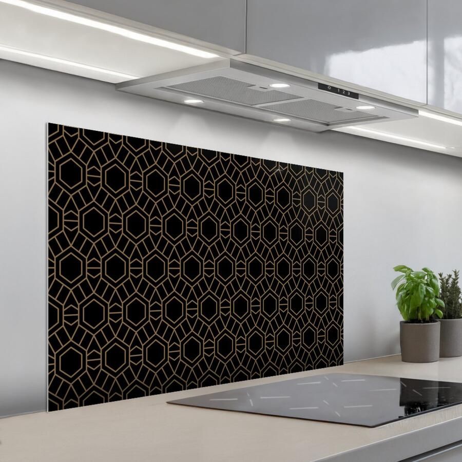 Spatscherm 100x65 cm Zelfklevende achterwand Goud Zwart Rozetstructuur Keuken muurbeschermer Spatwand fornuis
