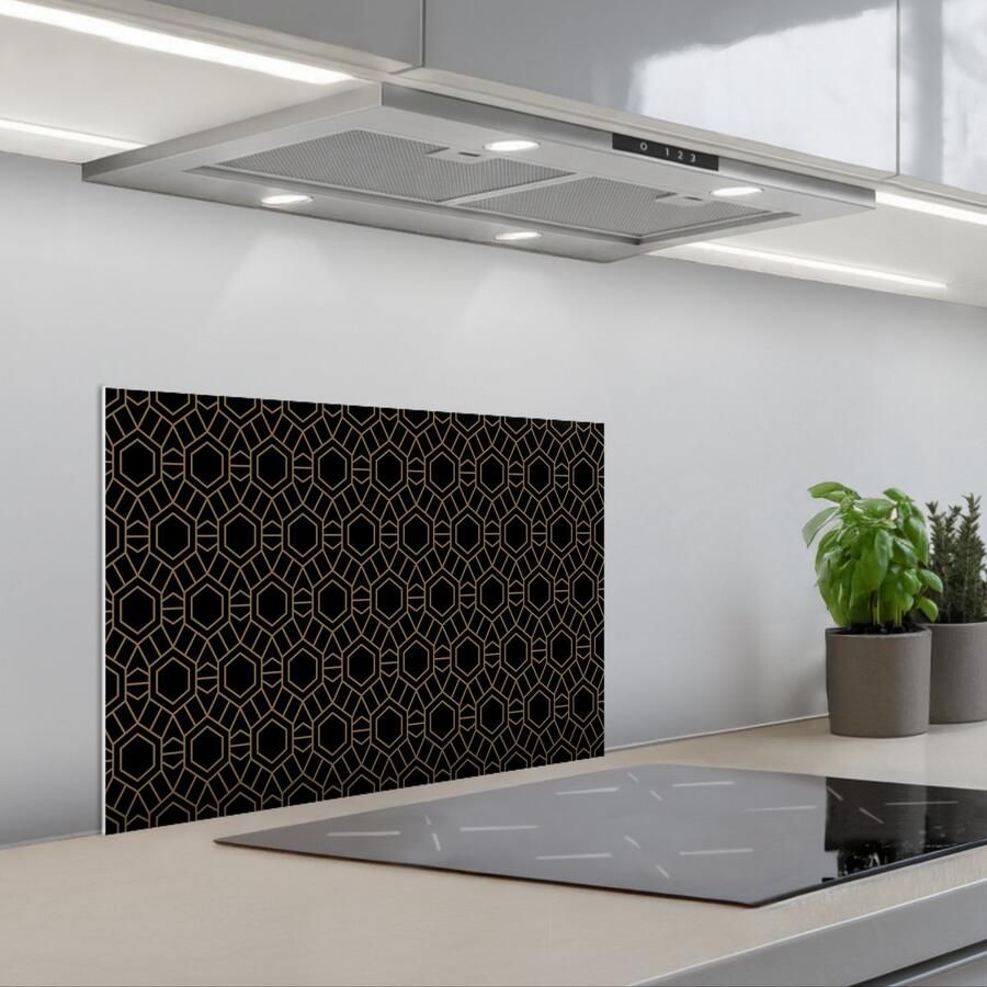 KitchenYeah Spatscherm 60x40 cm Zelfklevende achterwand Goud Zwart Rozetstructuur Keuken muurbeschermer Spatwand fornuis