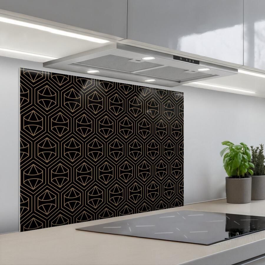 KitchenYeah Spatscherm 90x70 cm Zelfklevende achterwand Goud Zwart Diamant Keuken muurbeschermer Spatwand fornuis