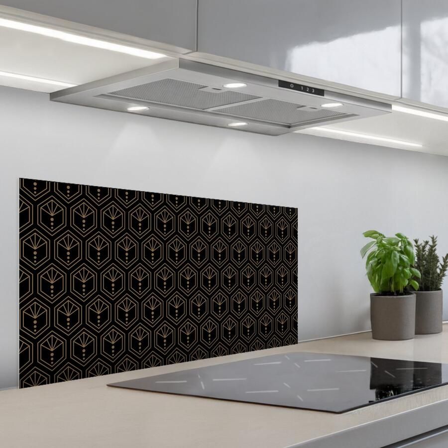 KitchenYeah Spatscherm 80x40 cm Zelfklevende achterwand Zonnestraal Zwart Goud Stippen Keuken muurbeschermer Spatwand fornuis
