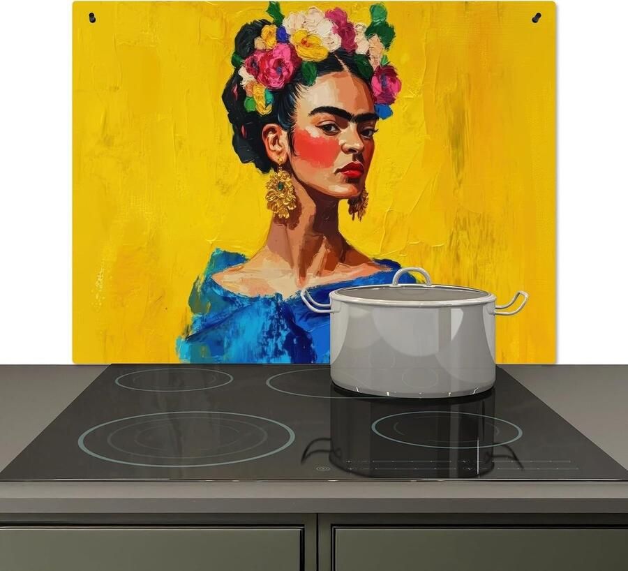 Spatscherm Keuken 51.5x76 cm Kookplaat Achterwand Beschermer Muur Spatwand Fornuis Aluminium Hittebestendig Frida Kahlo Vrouw Geel Blauw Bloemen
