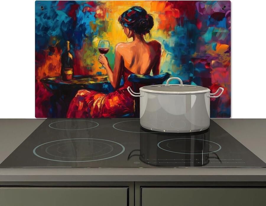 Spatscherm Keuken 51.5x83 cm Kookplaat Achterwand Beschermer Muur Spatwand Fornuis Aluminium Hittebestendig Wijn Vrouw Sfeervol Kleurrijk