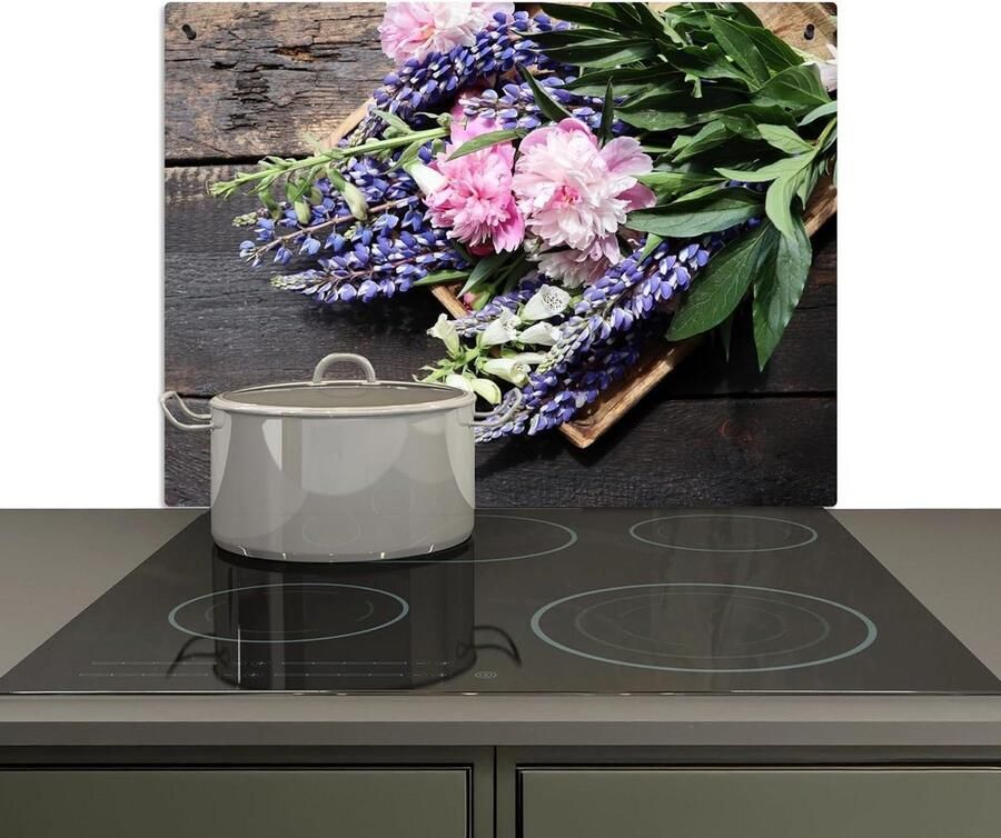 Spatscherm Keuken 59x77 cm Kookplaat Achterwand Beschermer Muur Spatwand Fornuis Aluminium Hittebestendig Bloemen Vintage Hout
