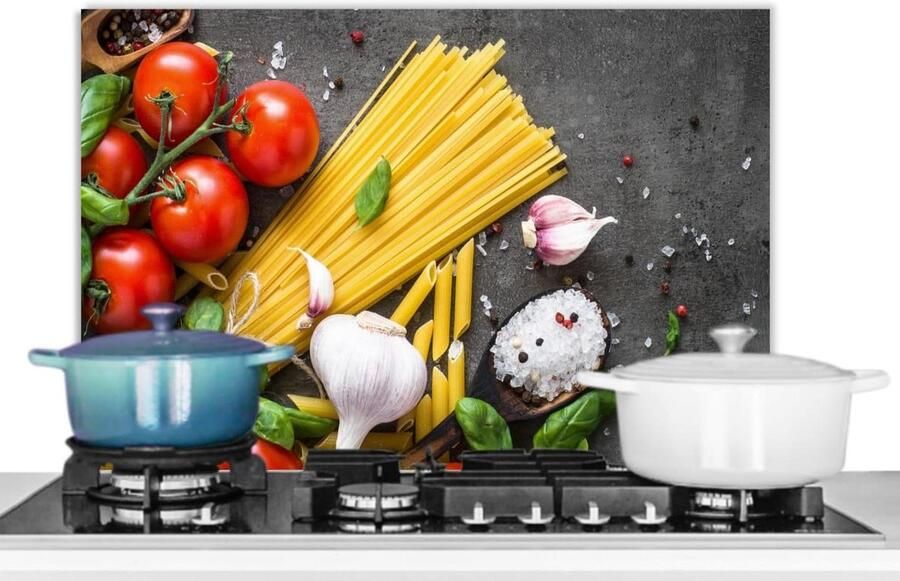 Spatscherm Keuken 60x40 cm Kookplaat Achterwand Beschermer Muur Spatwand Fornuis Aluminium Hittebestendig Pasta Kruiden Tomaat Specerijen Rustiek