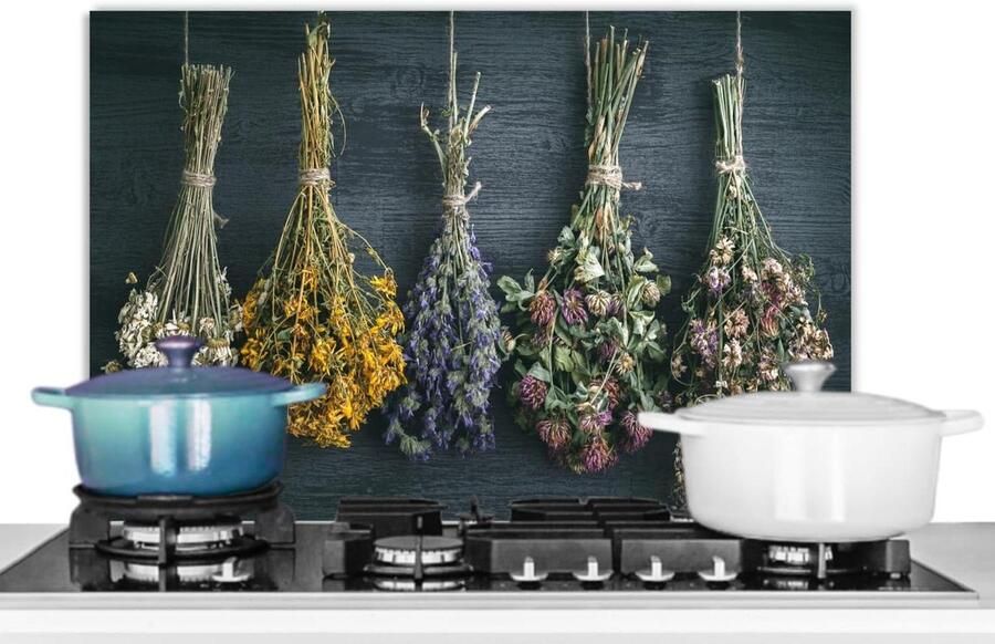 Spatscherm Keuken 60x40 cm Kookplaat Achterwand Beschermer Muur Spatwand Fornuis Aluminium Hittebestendig Droogbloemen Bloemen Boeket Stilleven Touw Bundel