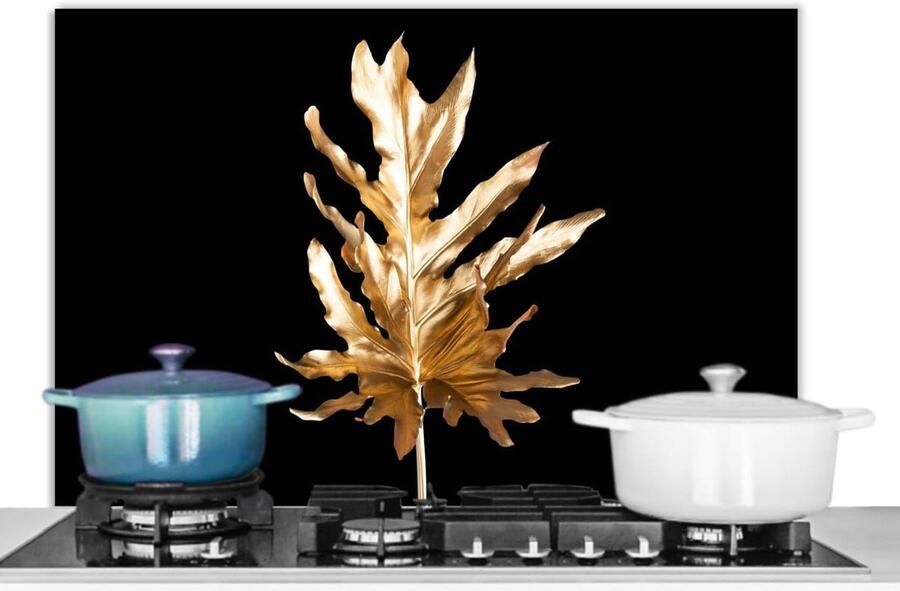 Spatscherm Keuken 80x55 cm Kookplaat Achterwand Beschermer Muur Spatwand Fornuis Aluminium Hittebestendig Bladeren Goud Herfst Natuur Luxe