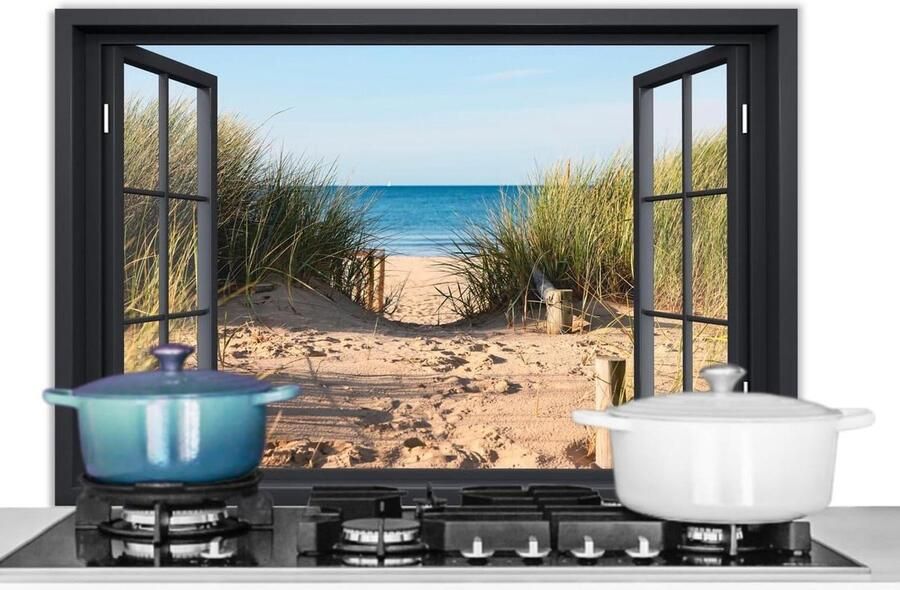 Spatscherm Keuken 80x55 cm Kookplaat Achterwand Beschermer Muur Spatwand Fornuis Aluminium Hittebestendig Doorkijk Strand Zee Zand Water Helmgras Duinen