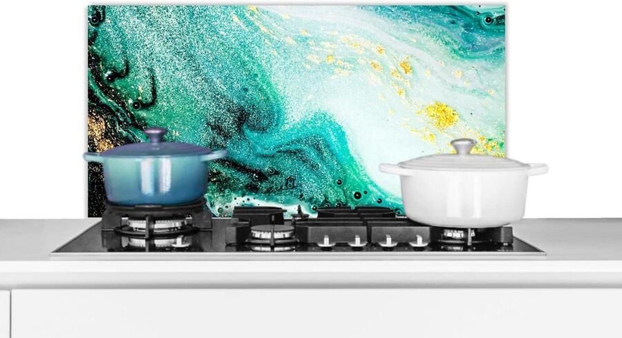 Spatscherm Keuken Spatwand Aanrecht Kookplaat Beschermen Marmerlook Met Goud 90x45 cm Blauw