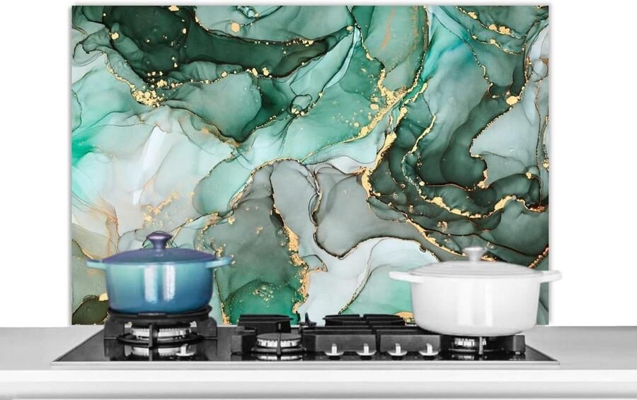 Spatscherm Keuken Spatwand Aanrecht Kookplaat Beschermen Marmerlook Print 100x65 cm Groen Goud