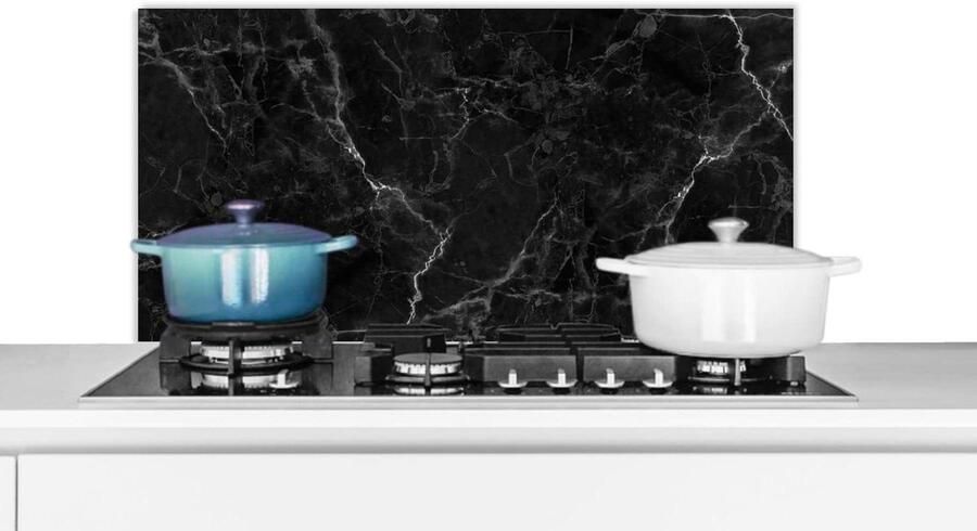 Spatscherm Keuken Spatwand Aanrecht Kookplaat Beschermen Marmerlook Print 90x45 cm Zwart Wit