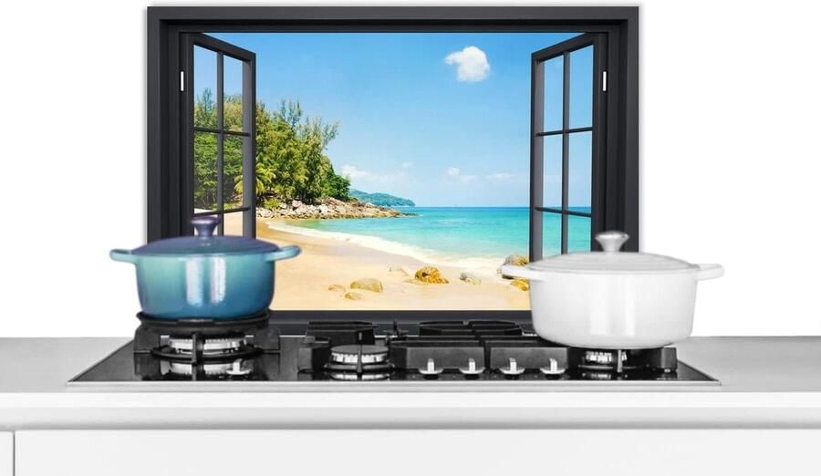 Keuken Spatscherm Spatwand Achterwand Koken Beschermen Doorkijk Strand Print 60x40 cm Zwart