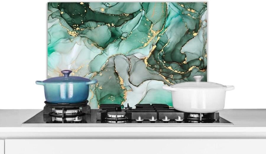 Spatscherm Keuken Spatwand Achterwand Kookplaat Beschermen Marmerlook Print 70x50 cm Groen Goud