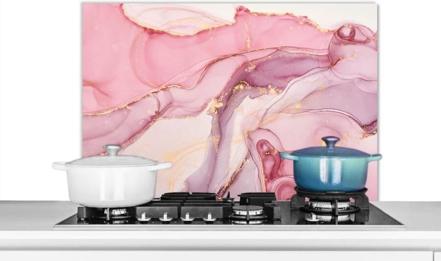 Spatscherm Keuken Spatwand Fornuis Kookplaat Beschermen Marmer Print 90x60 cm Goud Roze