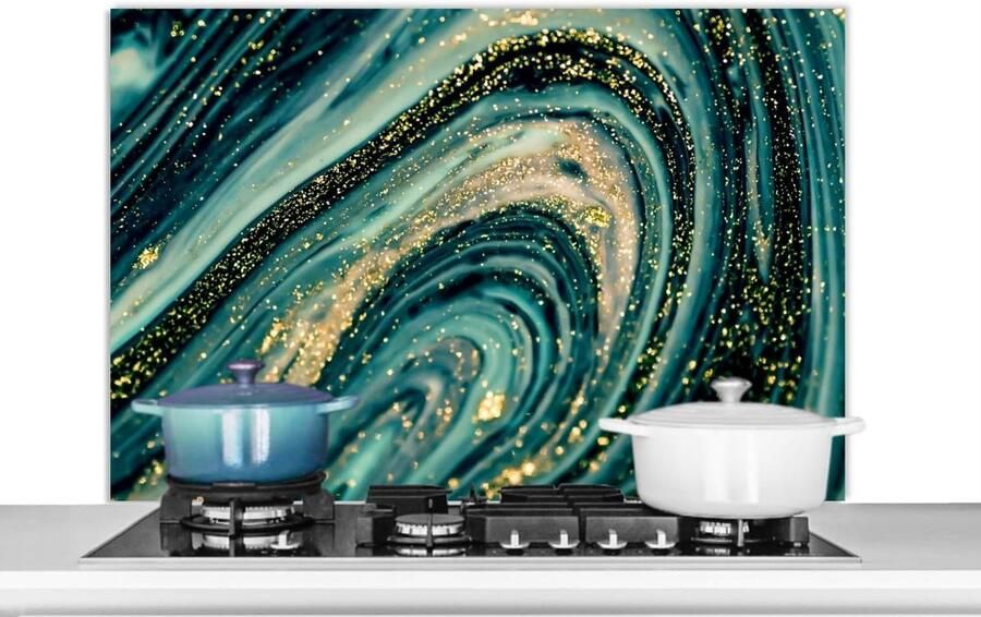 Keukenspatscherm Spatwand Achterwand Kookplaat Beschermen Marmerlook Goud Turquoise 100x65 cm Veelkleurig