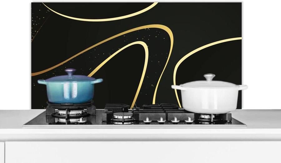 Spatscherm Keuken Spatwand Keuken Kookplaat Beschermen Luxe Golvend Patroon 100x50 cm Zwart met Goud