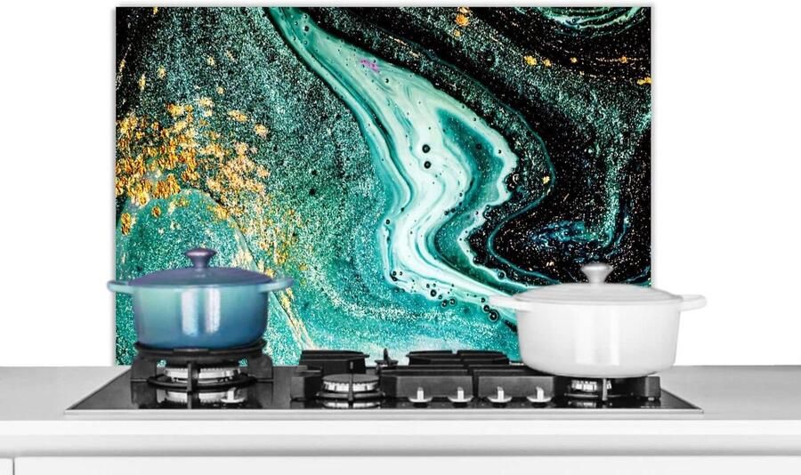 Spatscherm Keuken Wandpaneel Achterwand Koken Beschermen Luxe Marmerlook 90x60 cm Blauw Goud