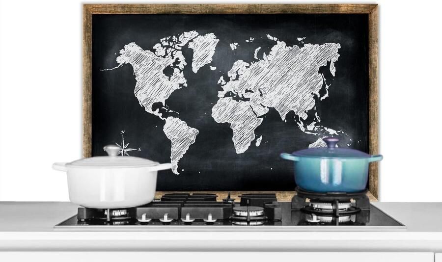 Spatscherm Keuken Wandpaneel Achterwand Koken Beschermen Wereldkaart Schoolbord 90x60 cm Veelkleurig