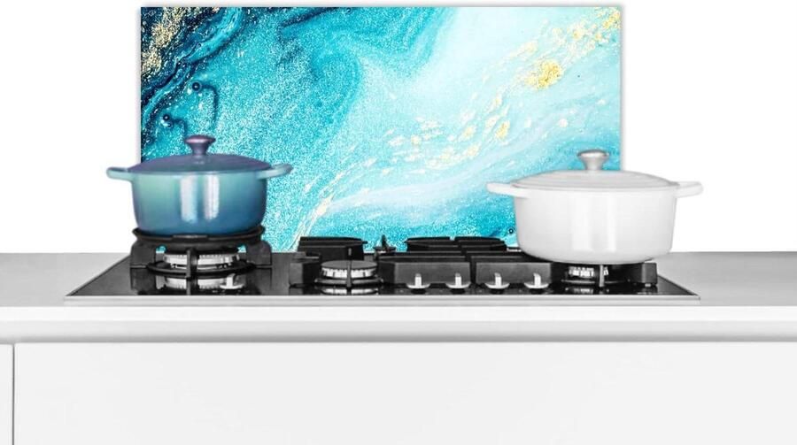 Spatscherm Keuken Wandpaneel Kookplaat Beschermen Luxe Marmerlook 60x30 cm Blauw Goud