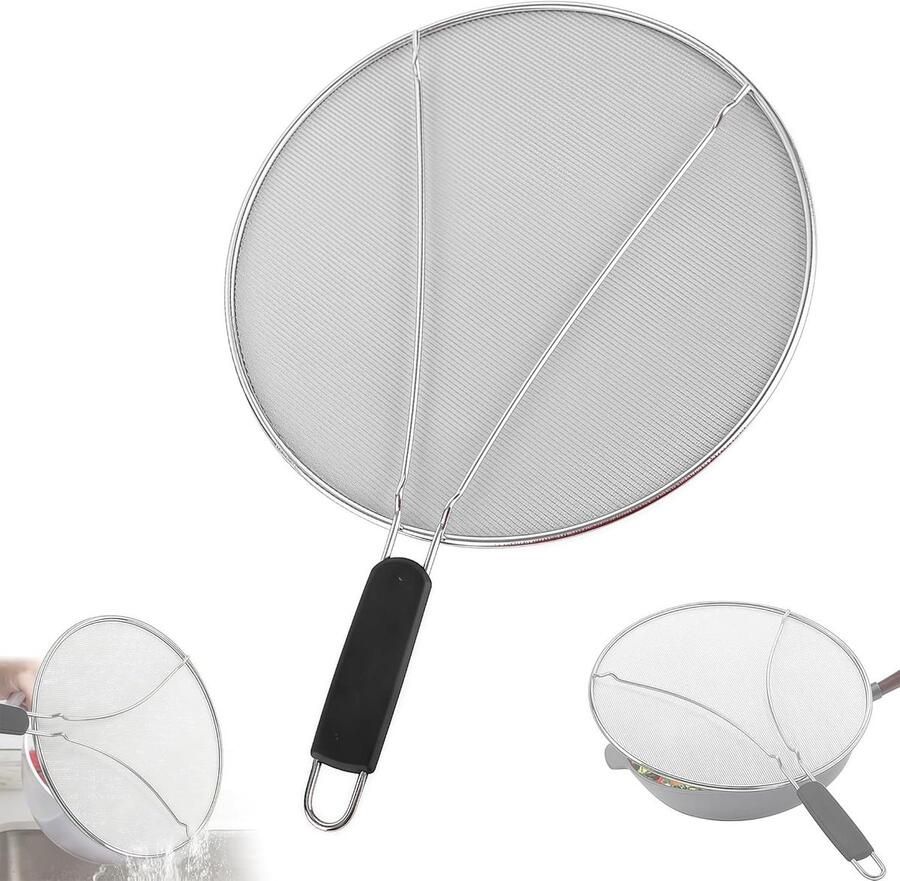 Spatscherm Koekenpan Spatdeksel RVS Schoon Koken Fijnmazig Gaas 33cm Diameter Zilver