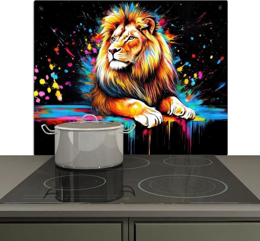 Spatwand Keuken Achterwand Beschermer Koken en Reinigen 2-in-1 Functie 52x60 cm Kleurrijk Leeuw - Foto 1