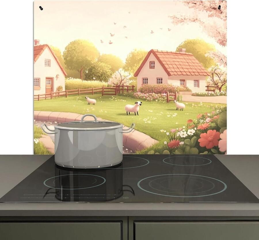Spatwand Keuken Beschermer Muur Koken en Reinigen 2-in-1 Functie 51x59 cm Schapen Huisje