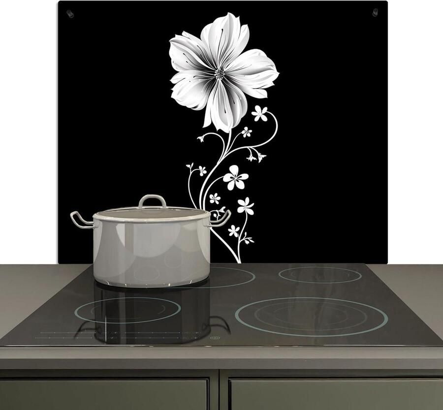 Spatwand Keuken Kookplaat Beschermer Muur Beschermen 2-in-1 Functie 52x60 cm Bloem Zwart Wit