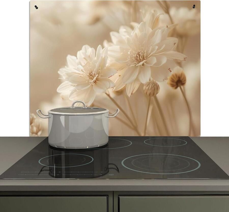 Spatwand Keuken Spatbeschermer Kookplaat Keukenwand Beschermen 2-in-1 Functie 52x65 cm Bloemen Beige
