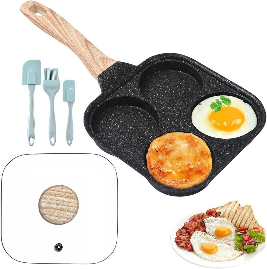 Spiegeleipan 4 Gaten Hamburgerpan Koekenpan Ontbijt Bakken Antiaanbaklaag 37 cm Zwart