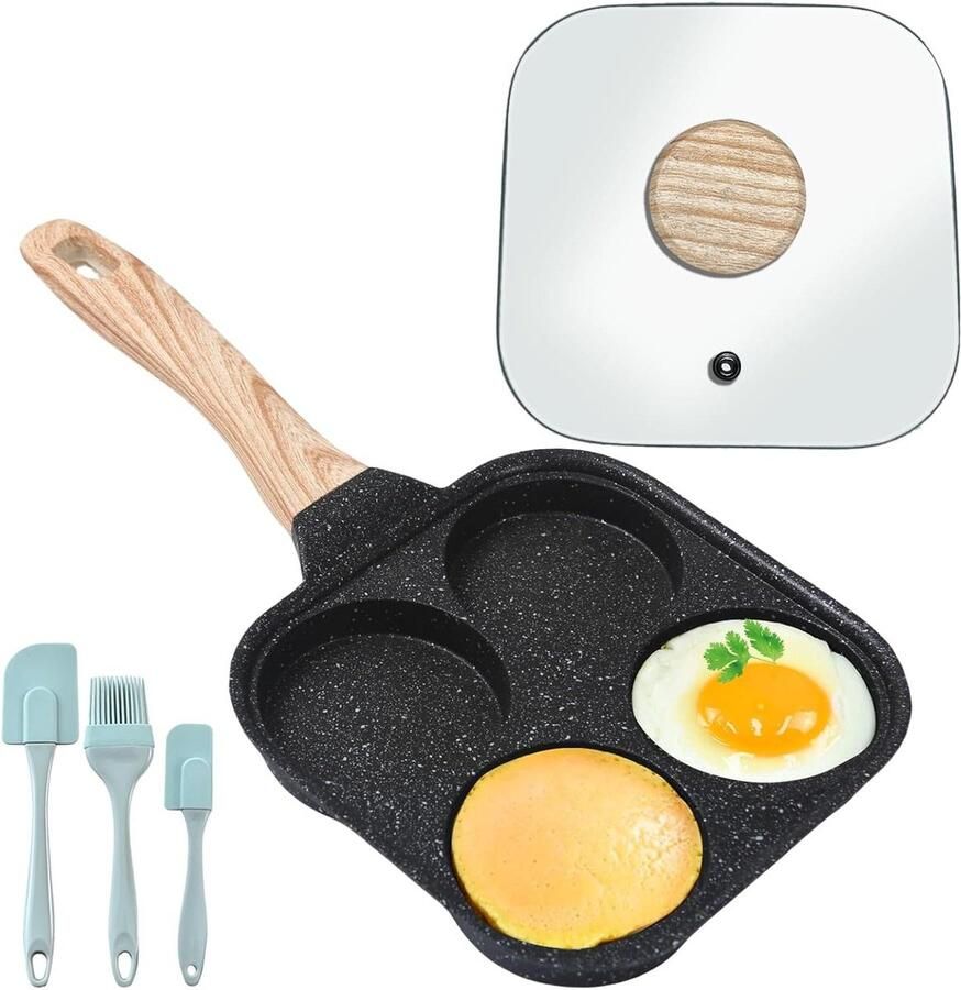 Spiegeleipan met Deksel Hamburgerpan Ontbijt Maken Vier Gaten 37 cm Zwart