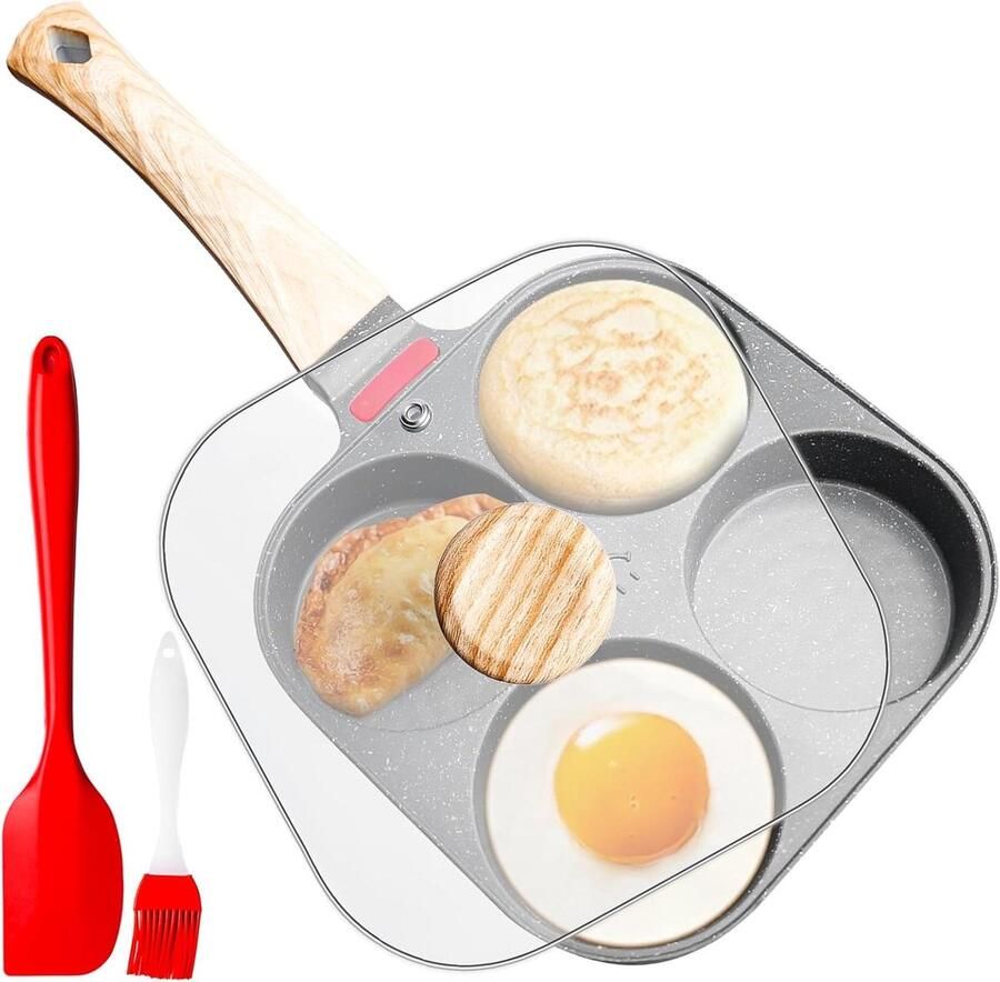 Spiegeleipan met Deksel Omelet Pan Pannenkoekenpan Ontbijt Bereiden 4 Gaten Anti-aanbak 28 cm Zwart