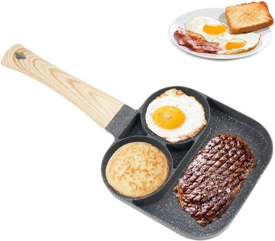 Spiegeleipan met gaten Omeletpan pannenkoekenpan Ontbijt bereiden 3 gaten tegelijk 21 cm Zwart