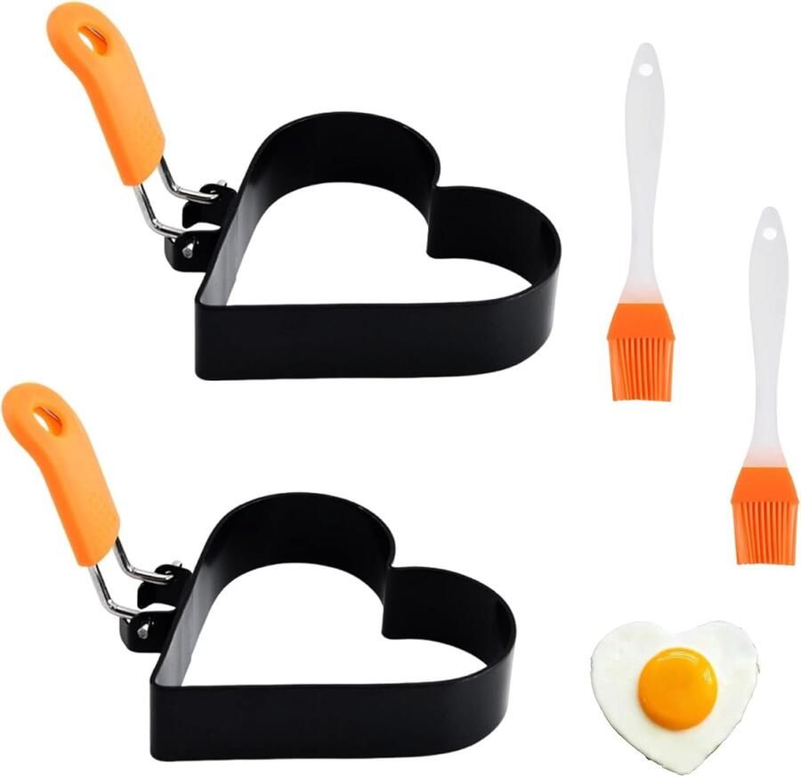Spiegeleivorm Hart Pannenkoekvorm Eierring Creatief Ontbijt Maken Inklapbare Handgrepen Set van 2 Zwart