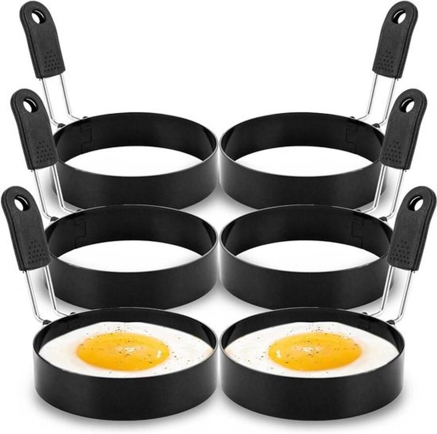 Spiegeleivormen Zwart Eivorm Pan Perfecte Eieren Bakken Met Anti-aanbaklaag 6 stuks 9 cm Zwart