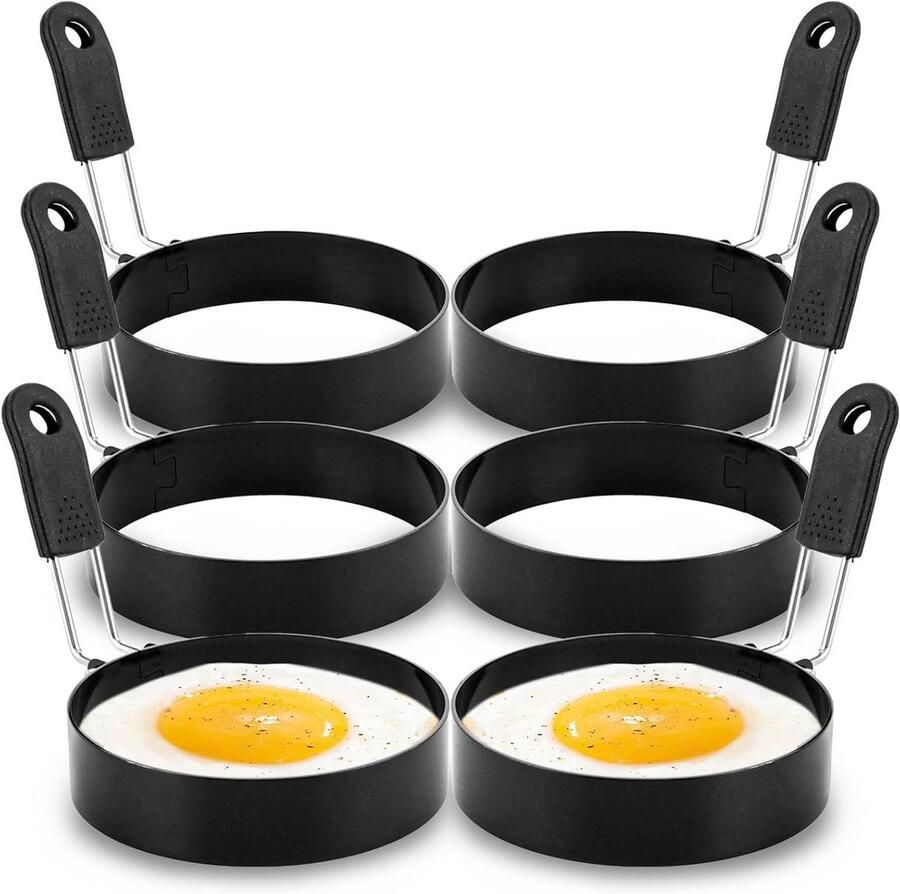 Spiegeleivormen Zwart Eivorm Pan Perfecte Eieren Bakken Met Anti-aanbaklaag 6 stuks 9 cm Zwart