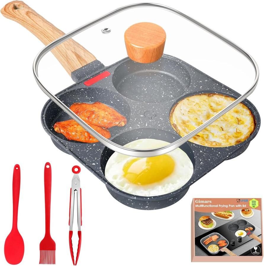 Spiegelpan met deksel Omeletpan 4-gaten Ontbijt bakken Antiaanbaklaag LFGB 19x19 cm Zwart