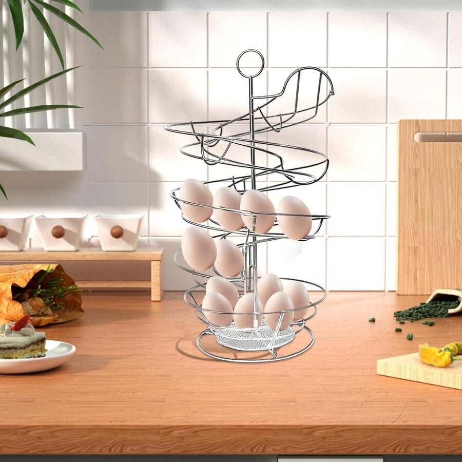 Spiraal eierrek Eierhouder mand Keuken organiseren Dubbellaags ontwerp 37H x 21W cm Zilver - Foto 2