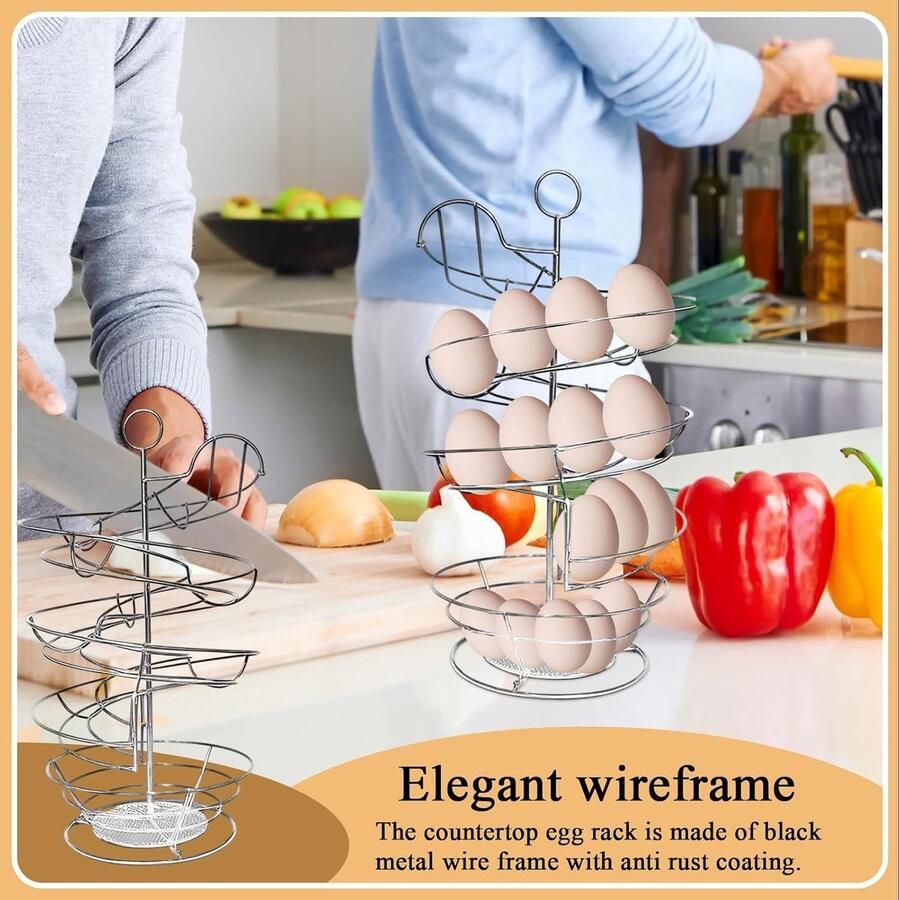 Spiraal eierrek Eierhouder mand Keuken organiseren Dubbellaags ontwerp 37H x 21W cm Zilver