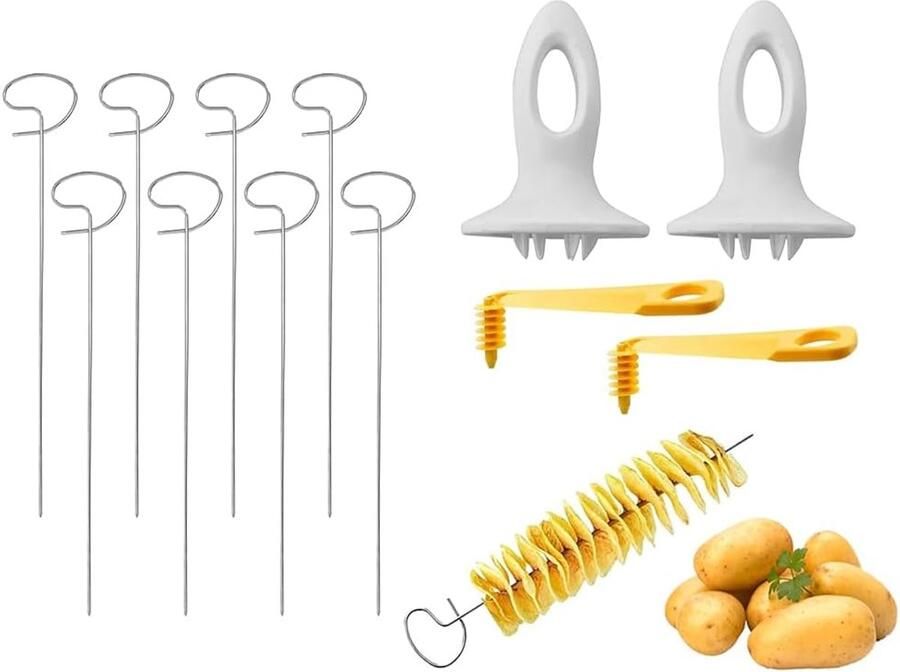 Spiraalchips aardappelsnijder spiraalsnijder aardappelset 8 staafjes + 2 kunststof handgrepen + 2 spiraalsnijders roestvrij staal aardappelspiralen voor aardappelen groenten