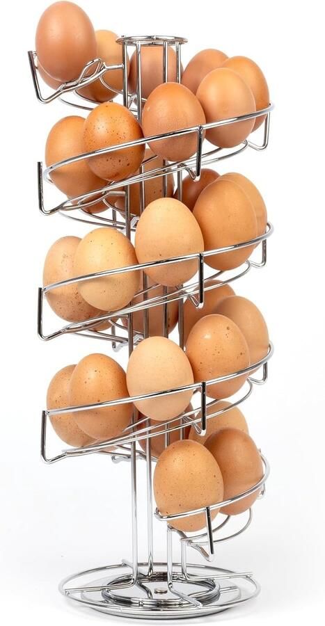 Spiraalvormige eierhouder Eierrek roterend Keuken organiseren Plat naar beneden rollen Max 32 eieren Zilverkleurig