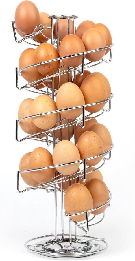 Spiraalvormige eierhouder voor 32 eieren verchroomd keukenrek met antislipbasis