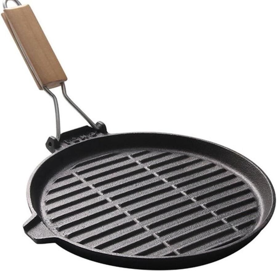 SPORTARC Gietijzeren grillpan geribbelde koekenpan met inklapbare handgreep saplip hangende haak 24 cm ronde steakgrill voor binnen en buiten koken