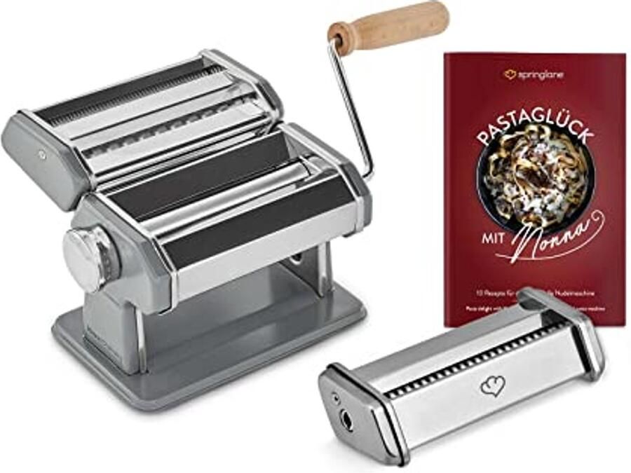 SPRINGLANE Nonna Handmatige pastamachine roestvrij staal pastamaker incl. receptenboekje pastadroger linguineopzetstuk en 3 snijopzetstukken voor spaghetti lasagne tagliatelle grijs
