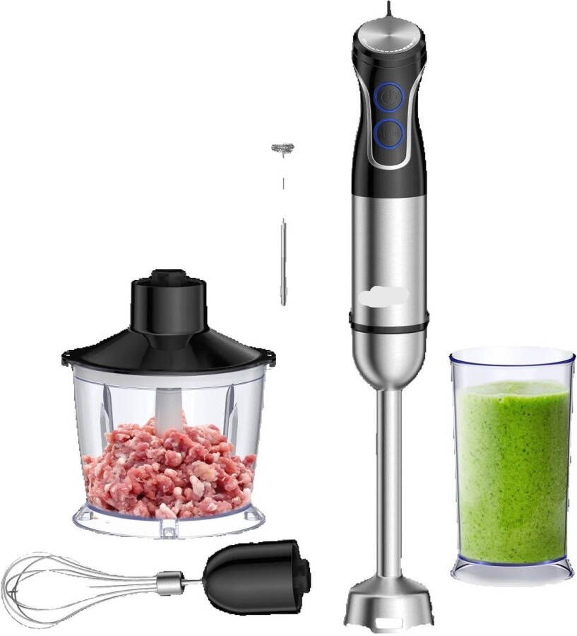 Staafmixer 1500W Handblender Blender 5-in-1 Functionaliteit RVS Messen Traploze Snelheid Inclusief Hakmolen RVS 4-blads Messen Foodprocessor