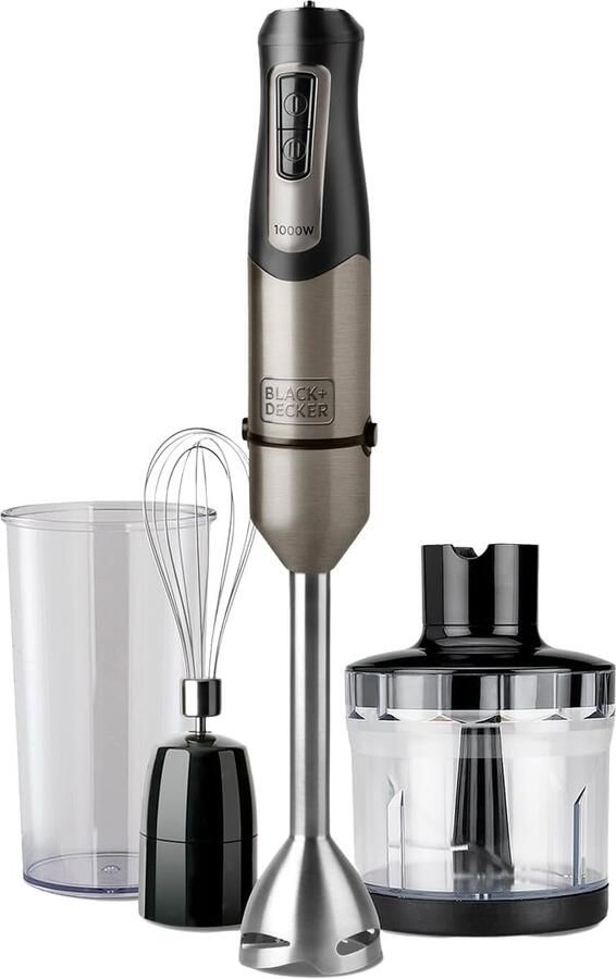 Staafmixer 3-in-1 1000W 20 snelheden Turbofunctie Anti-spat Maatbeker Hakmolen Garde RVS Zwart