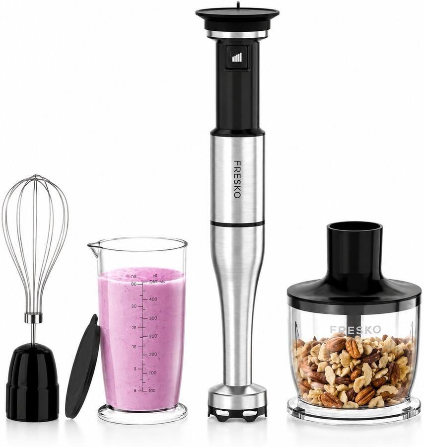 Staafmixer 4-in-1 – 1000W – Traploze Snelheid – Hakmolen Garde & Maatbeker – RVS Messen